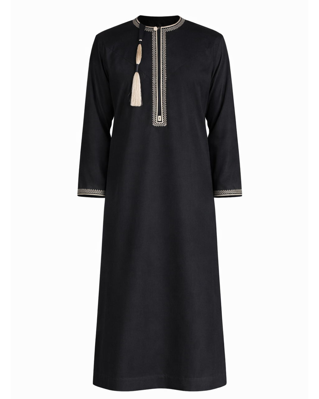 Men’s Premium Black Embroidered Thobe with Cream Tassel (Teen Size Available)