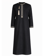 Men’s Premium Black Embroidered Thobe with Cream Tassel (Teen Size Available)