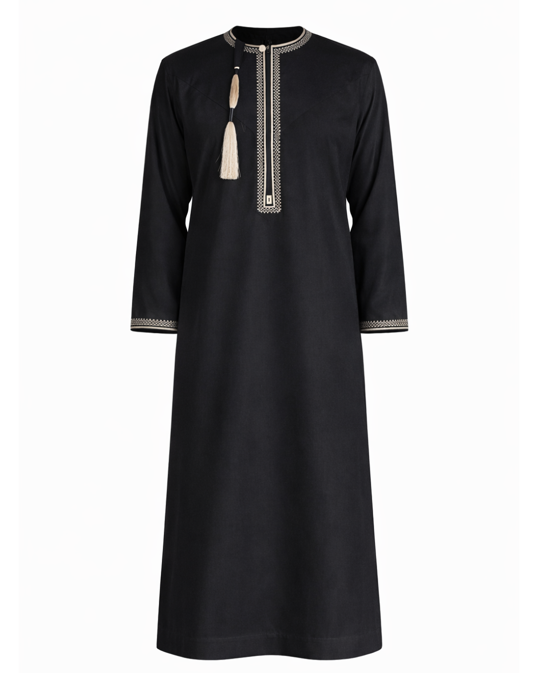 Men’s Premium Black Embroidered Thobe with Cream Tassel (Teen Size Available)