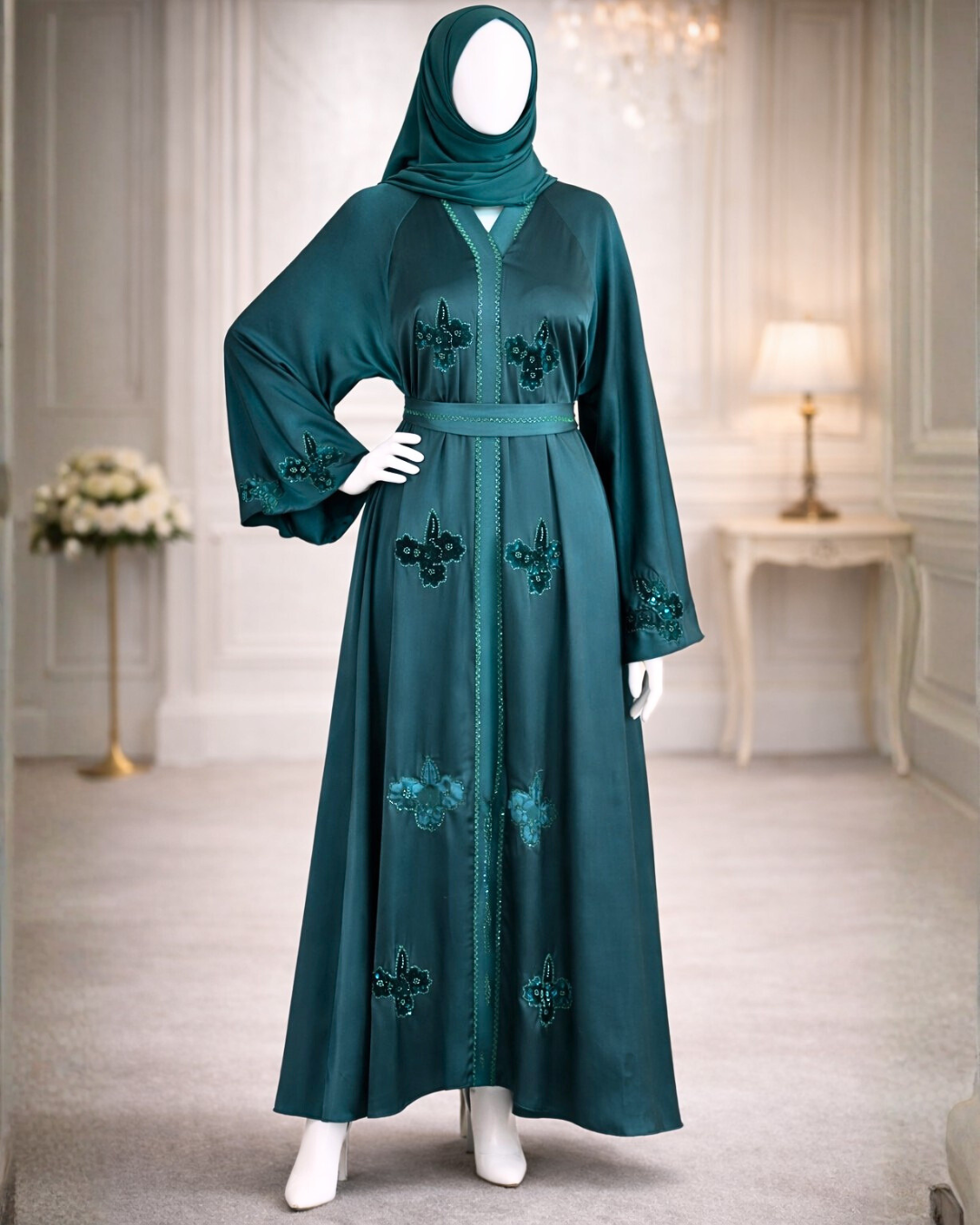 Emerald Green Floral Embroidered Belted Abaya with Matching Hijab