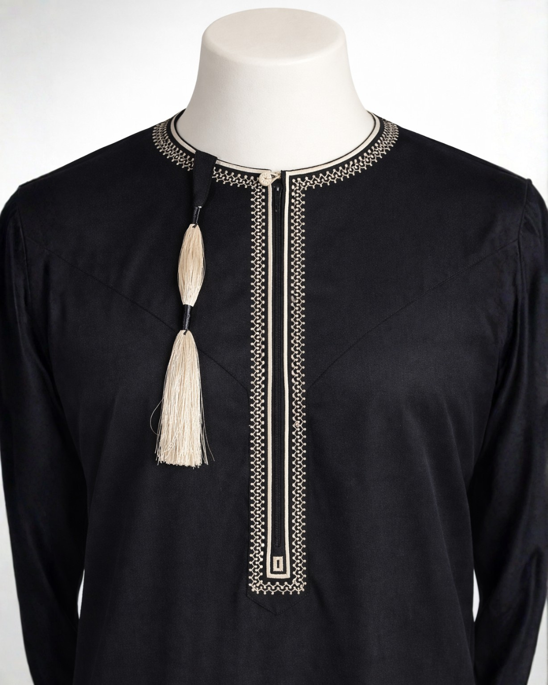 Men’s Premium Black Embroidered Thobe with Cream Tassel (Teen Size Available)