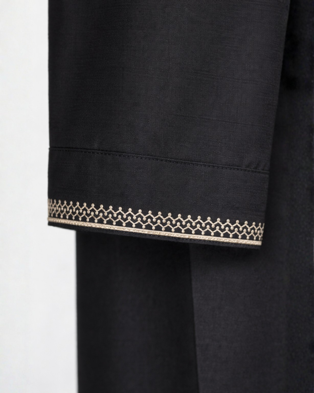 Men’s Premium Black Embroidered Thobe with Cream Tassel (Teen Size Available)