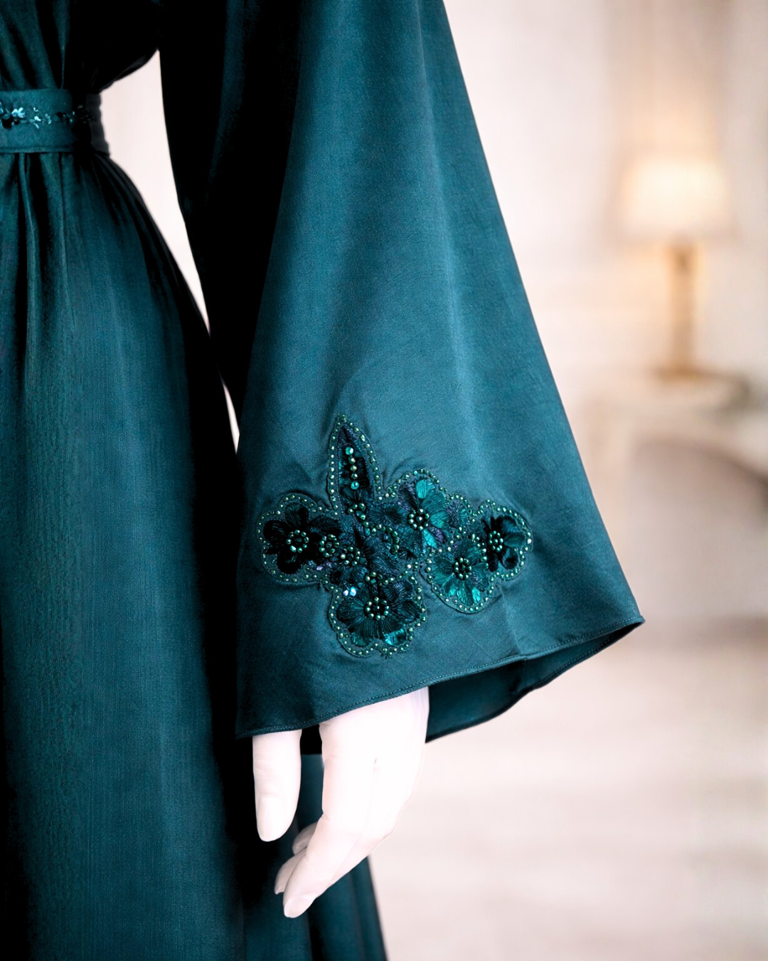 Emerald Green Floral Embroidered Belted Abaya with Matching Hijab