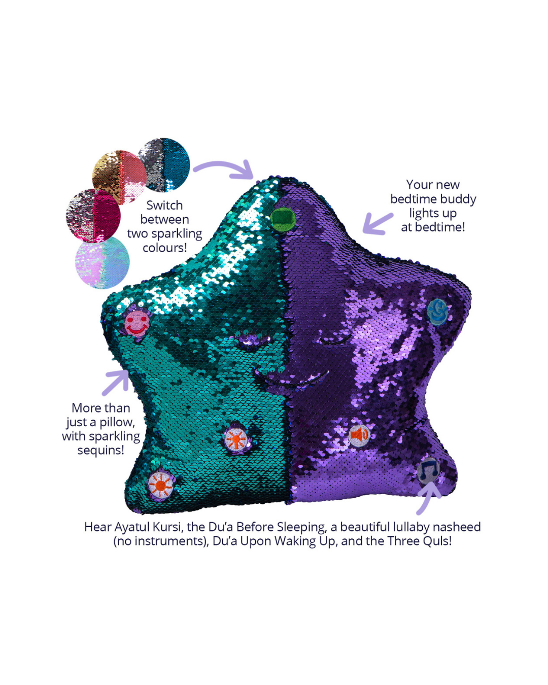My Dua Pillow with Flippable Sequins Interactive Light and Sound Islamic Dua