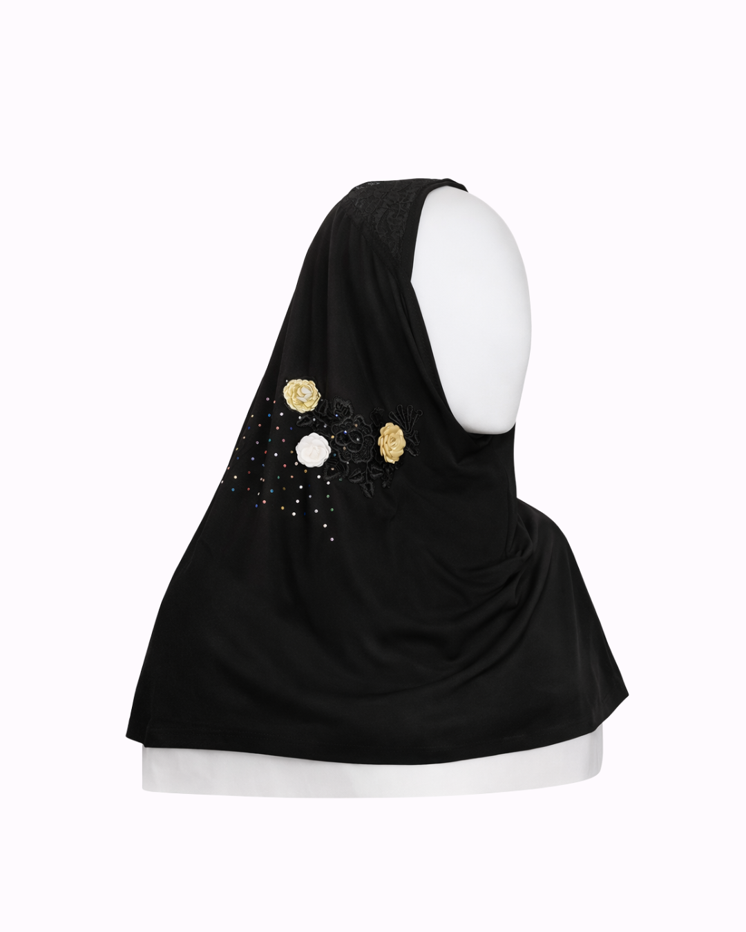 Women’s Black Fancy Hijab Full Coverage One Piece Hijab with Floral Design