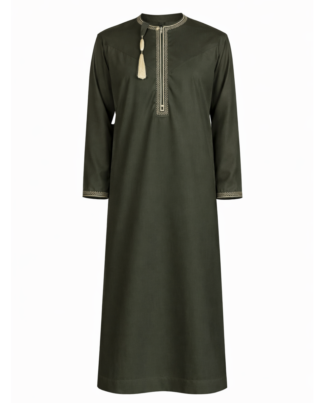 Men’s Premium Olive Green Embroidered Thobe with Tassel (Teen Size Available)