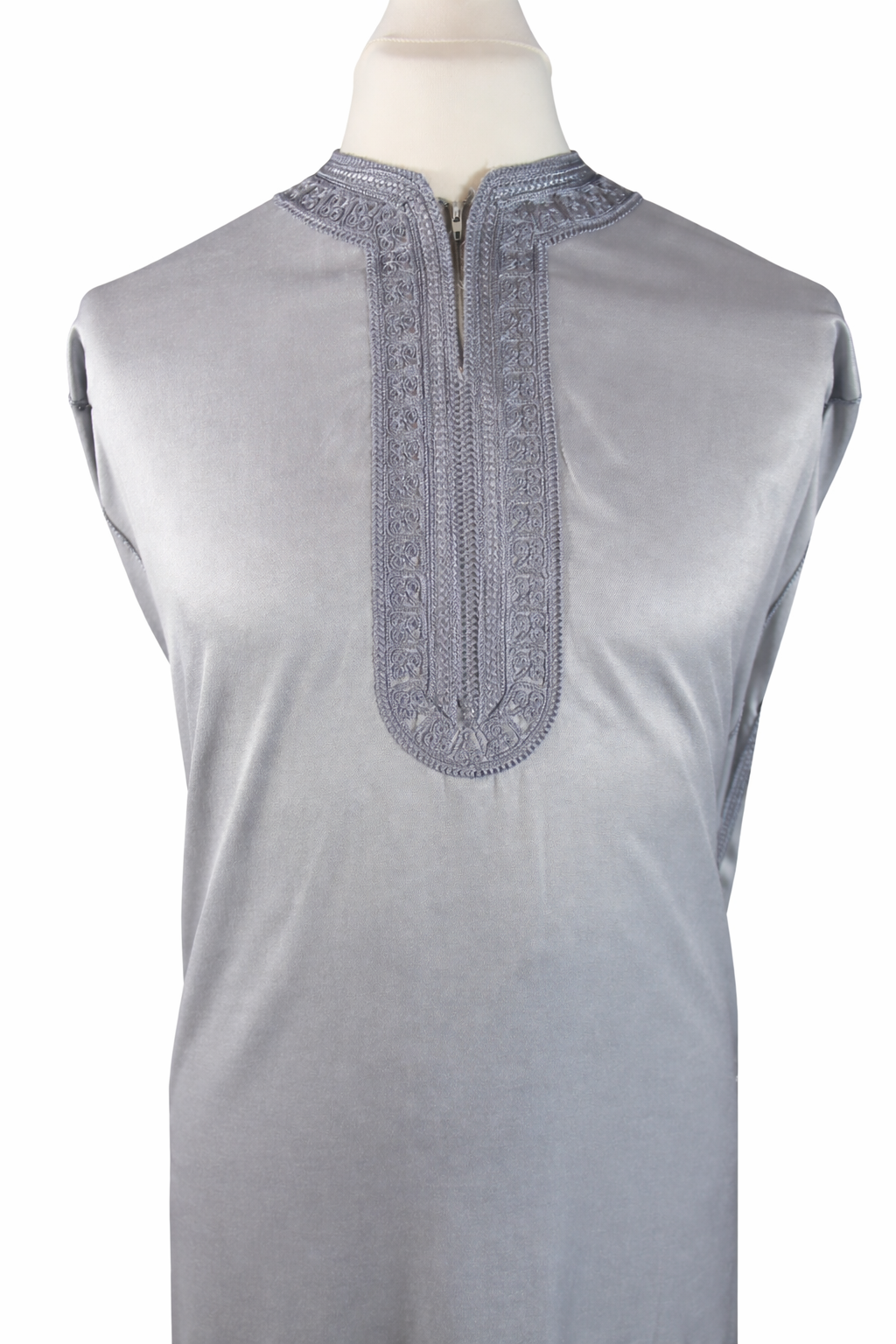 Premium Casual Moroccan Embroidered Thobe - Silver Grey