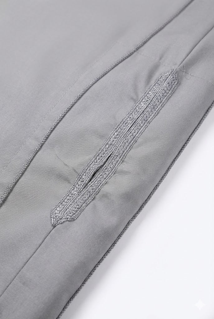 Premium Casual Moroccan Embroidered Thobe - Silver Grey